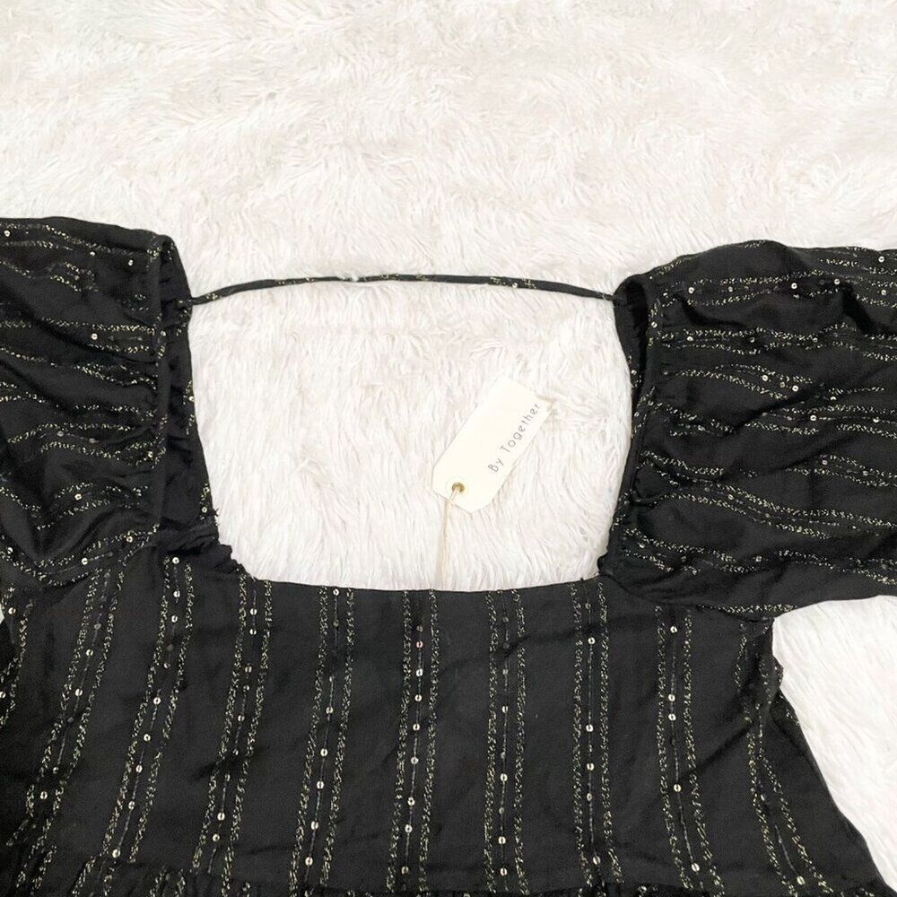 Women By Together Striped Sequin Puff Sleeve Babydoll Dress Black Green Small - Picture 4 of 12